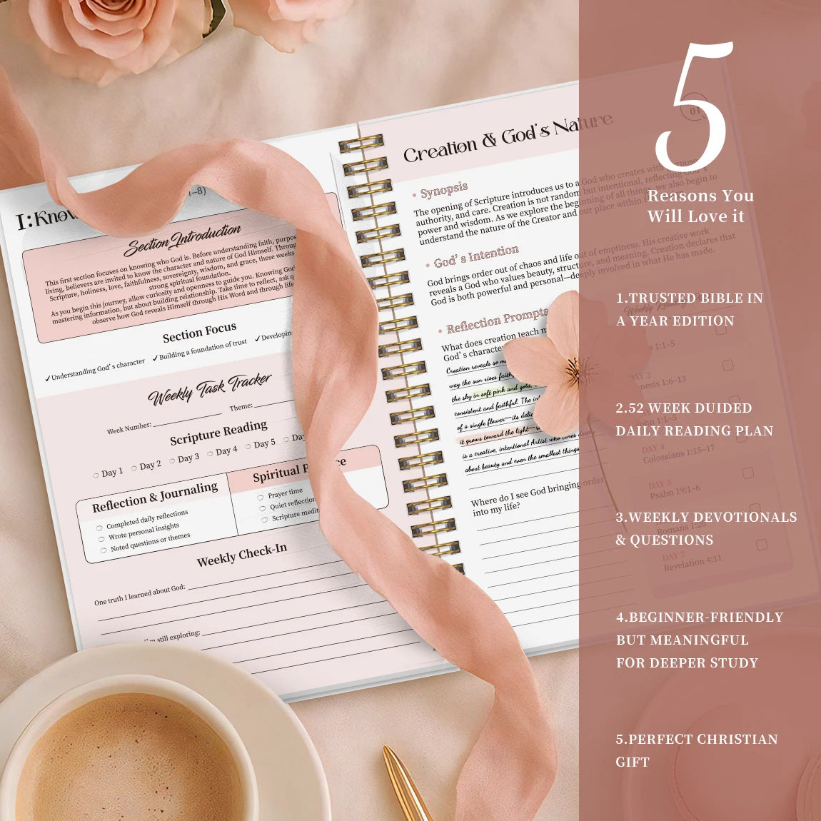 52 Week Bible Study Journal for Women, Spiral Bound Guided Faith Planner with Daily Scripture Reading and Reflection Tracker