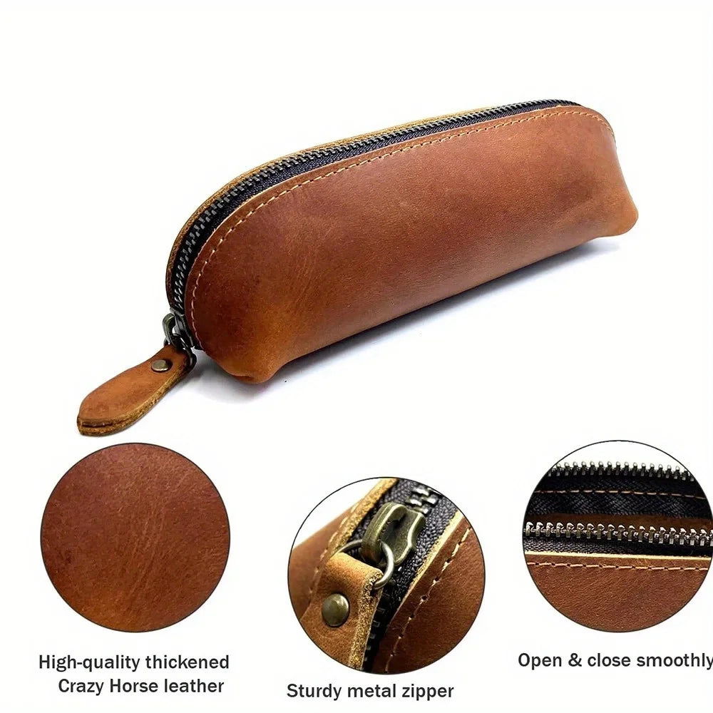 Vintage Leather-Style Pencil Case, Zipper Pen Pouch and Glasses Holder, Rustic Stationery Organizer Bag for School, Office and Journaling