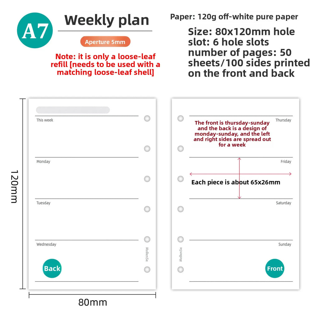 A7 Loose Leaf Notebook Refill Paper, 50 Sheet Binder Inserts in Weekly, Monthly, To Do, Grid, Lined and Blank Styles