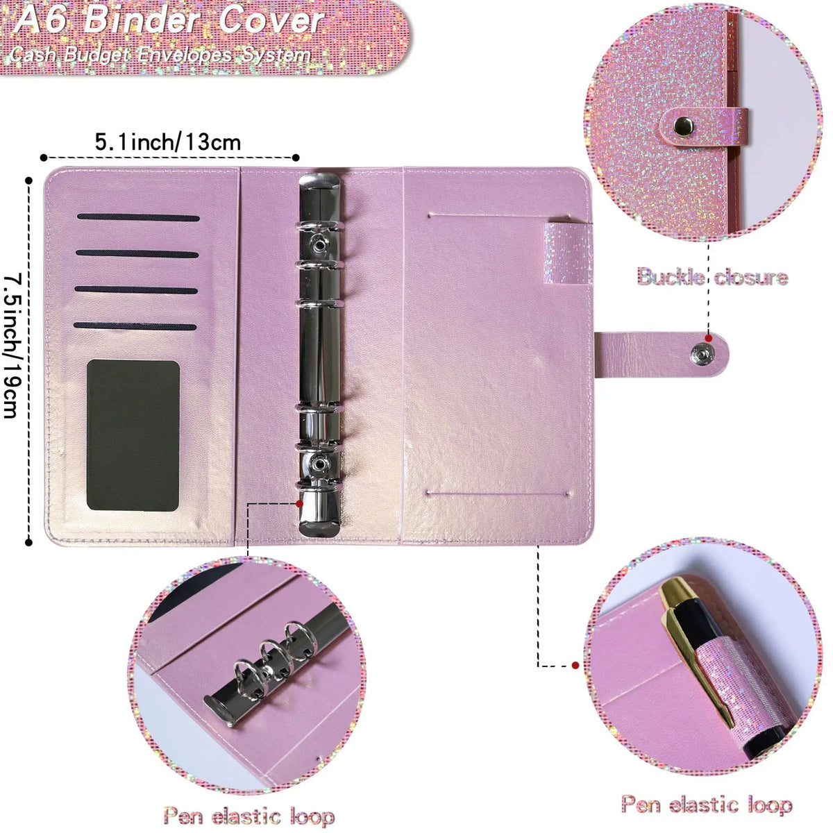 A6 Glitter PU Leather Budget Binder with Cash Envelopes, Budget Sheets and Stickers, Money Saving Organizer Wallet for Budgeting