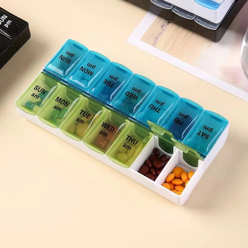 14 Compartment Weekly Pill Organizer AM PM 7 Day Portable Vitamin and Medication Box