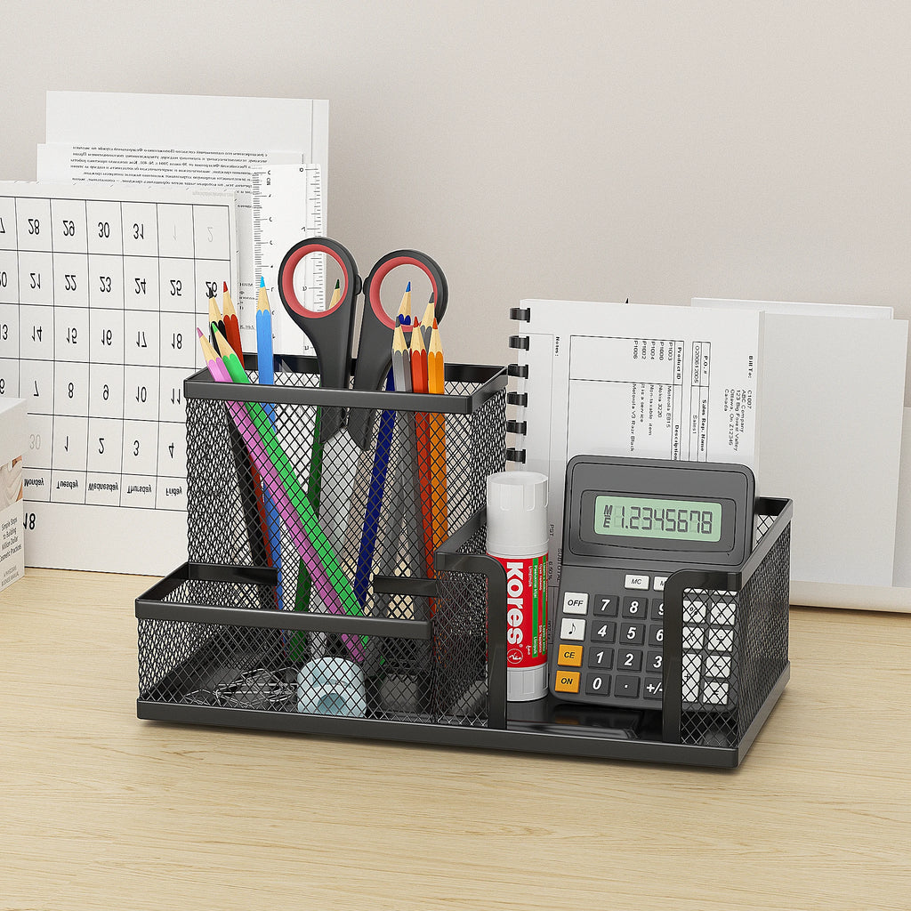 Mesh Desk Organizer with Pencil Holder & Storage Baskets — 3-Compartment