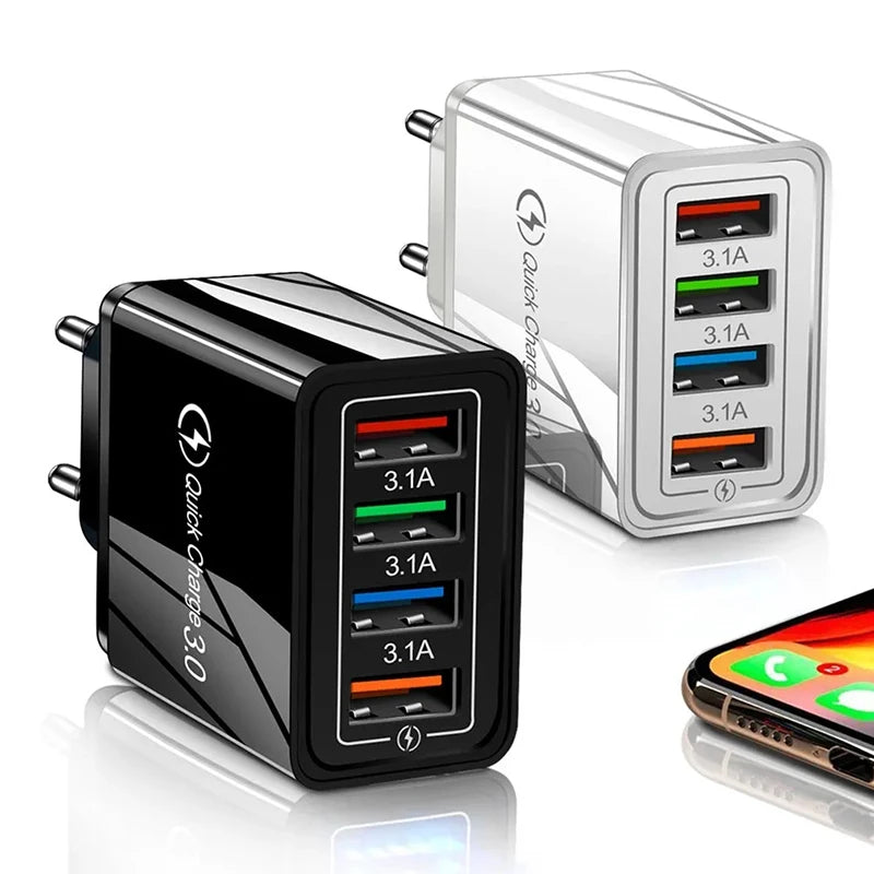 4-Port USB Wall Charger — 3A Quick Charge 3.0 Adapter with EU/US Plug
