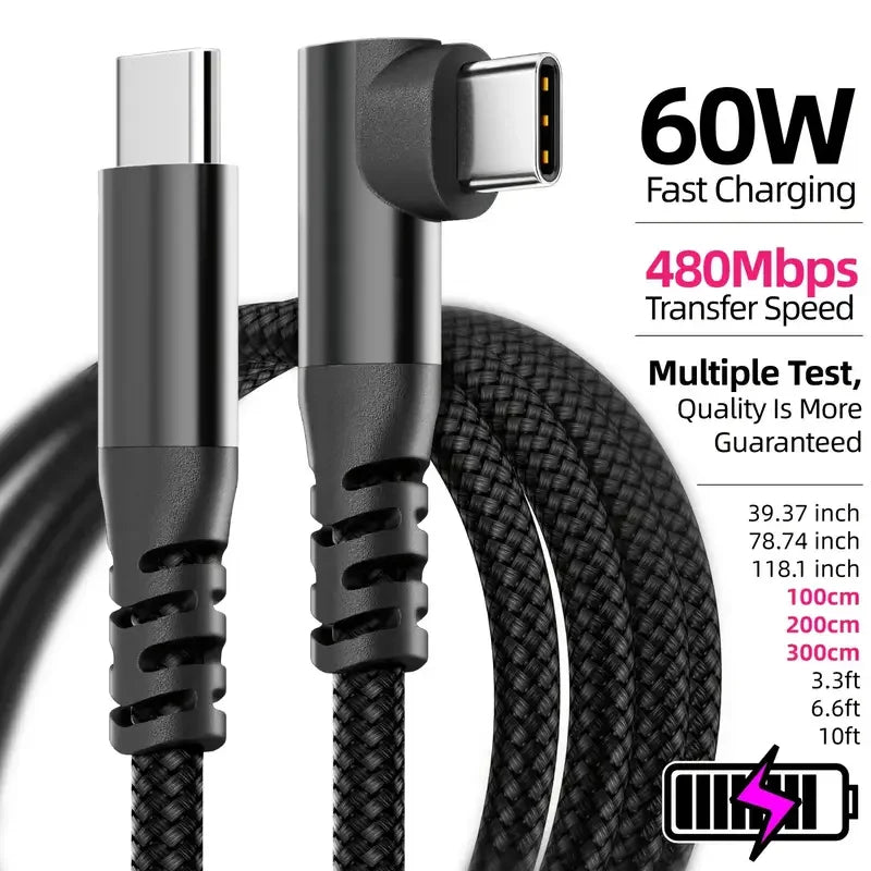60W USB-C to USB-C Fast-Charging Cable — Braided Data & Charging Cord, 1m–3m