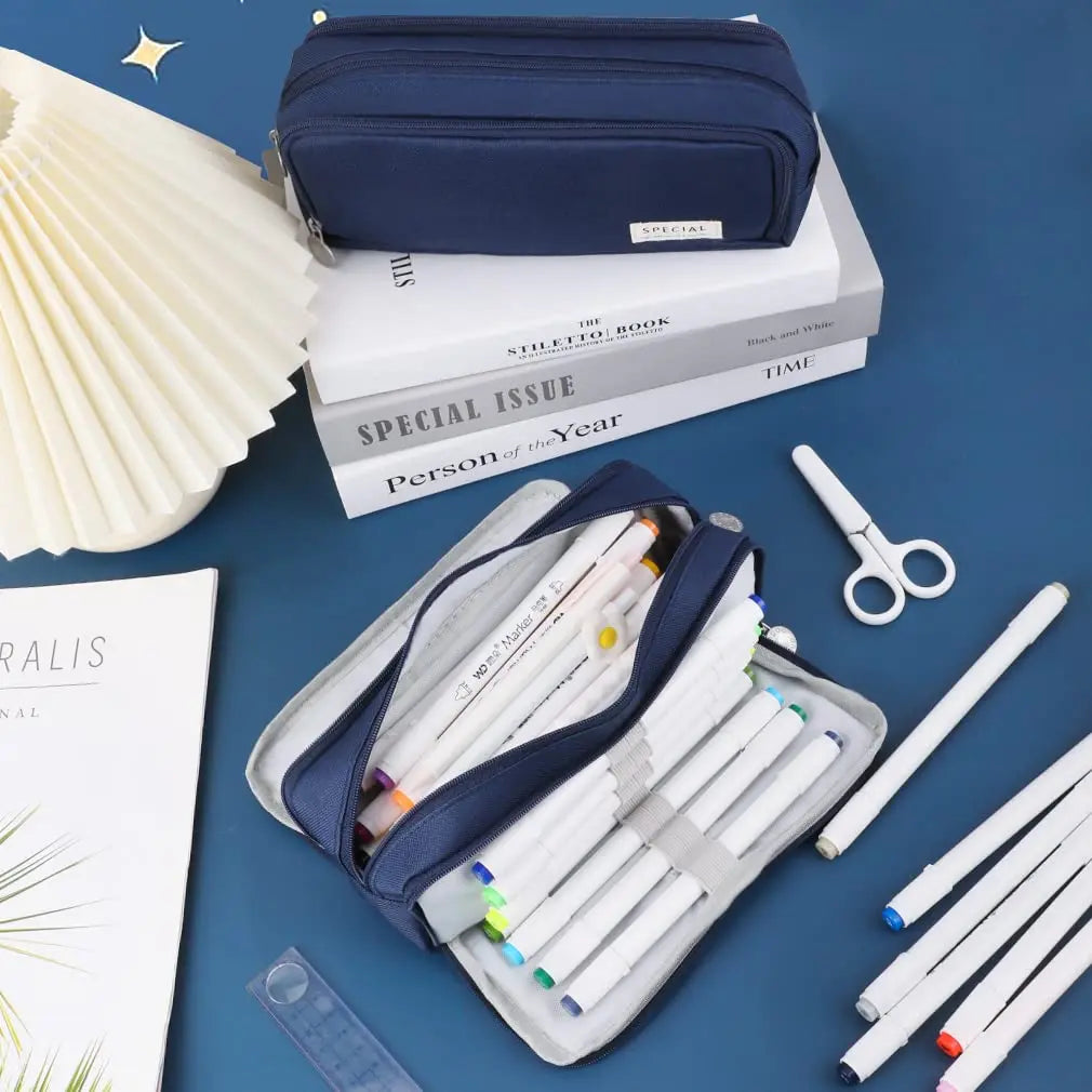 Large Capacity 3-Compartment Pencil Case & Desk Organizer Pouch