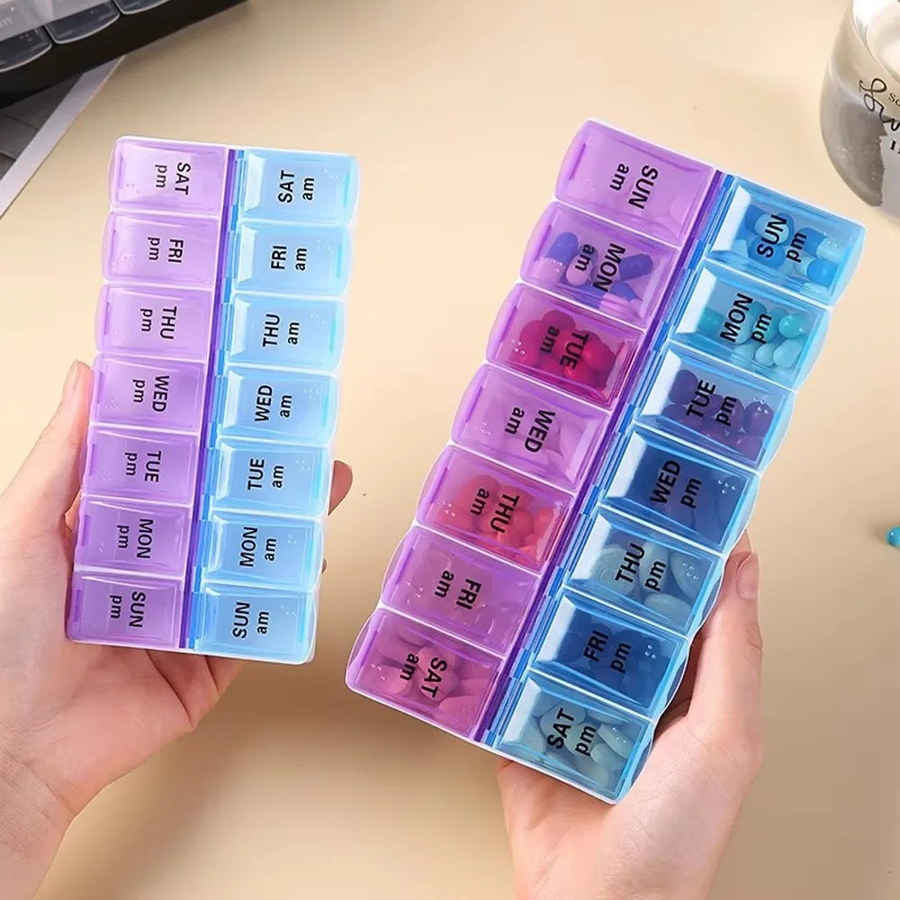 14 Compartment Weekly Pill Organizer AM PM 7 Day Portable Vitamin and Medication Box
