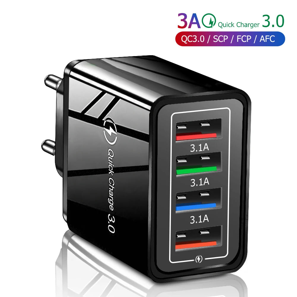 4-Port USB Wall Charger — 3A Quick Charge 3.0, EU/US Plug