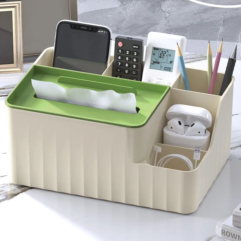 6 Section Desk Organizer with Tissue Box, Phone and Remote Holder for Home Office and Living Room