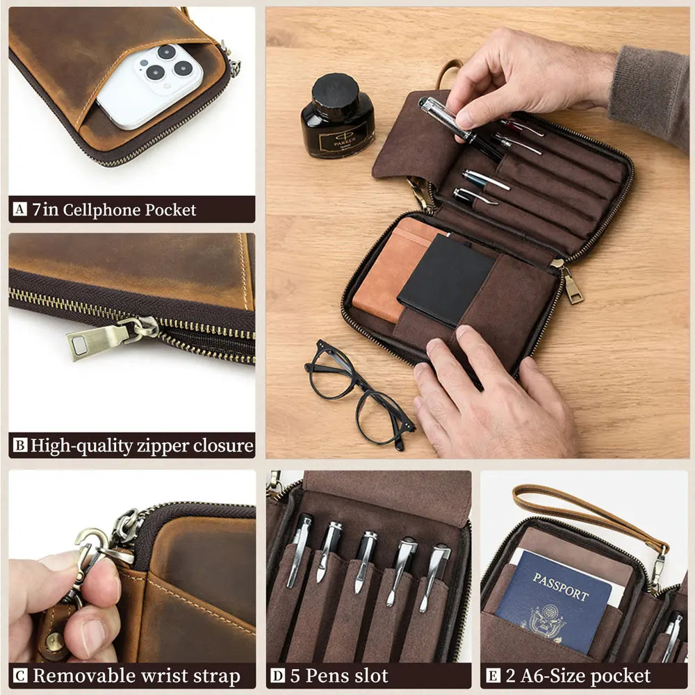 Leather Pen Case Organizer with 5 Pen Slots and A6 Notebook Pocket, Zippered Stationery Storage Case for Office and School