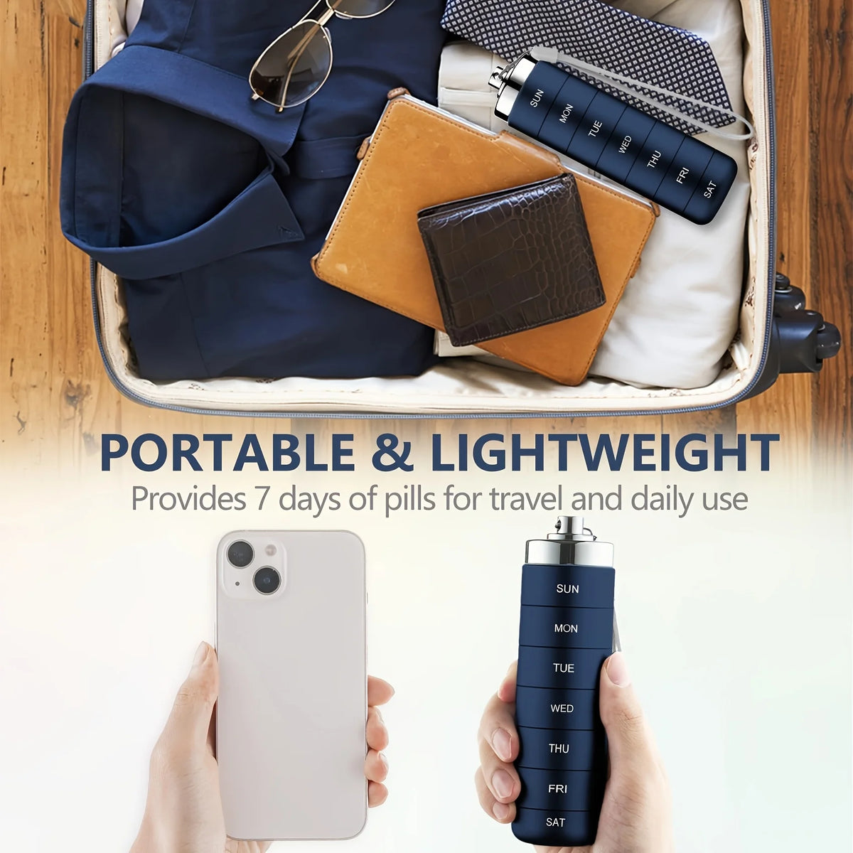 7 Day Metal Pill Organizer, Stackable Aluminum Weekly Pill Box with Keychain, Portable Travel Pill Case for Vitamins and Supplements
