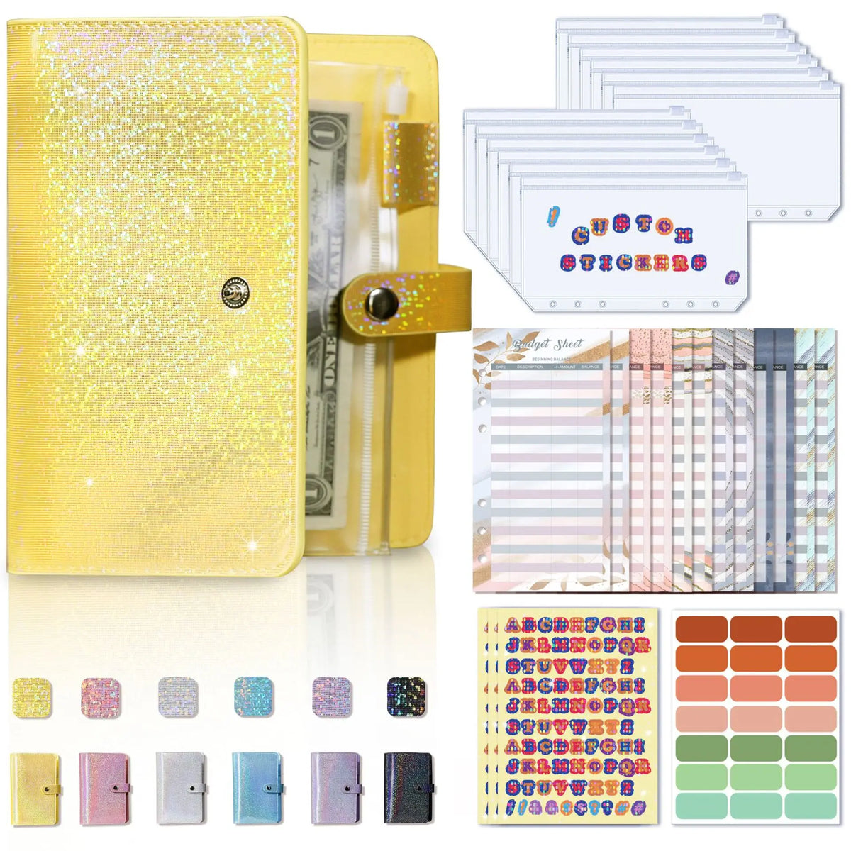 A6 Glitter PU Leather Budget Binder with Cash Envelopes, Budget Sheets and Stickers, Money Saving Organizer Wallet for Budgeting