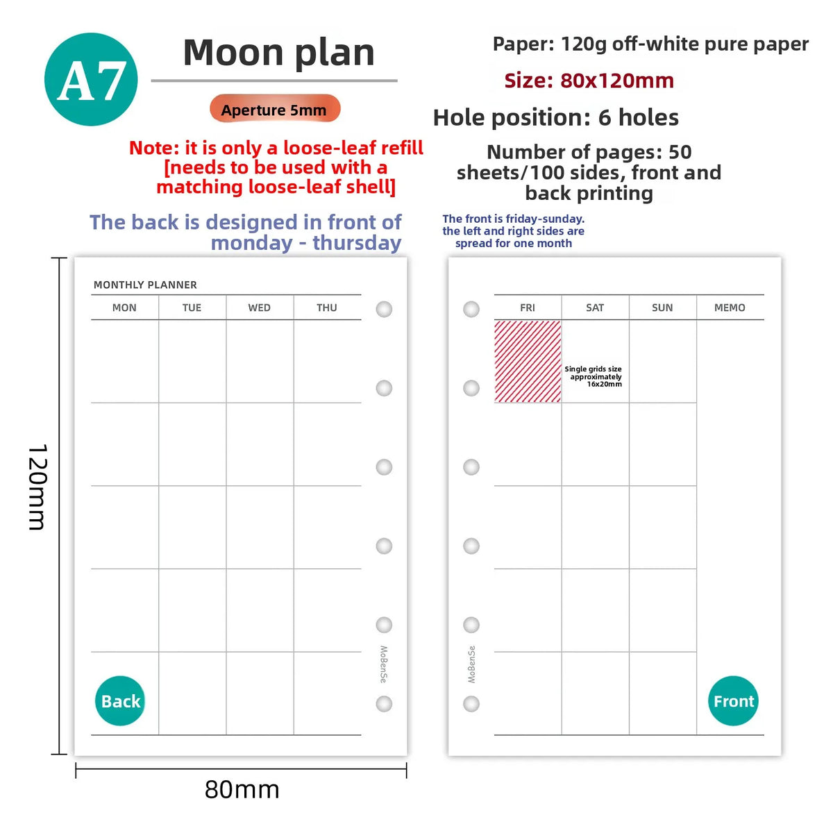 A7 Loose Leaf Notebook Refill Paper, 50 Sheet Binder Inserts in Weekly, Monthly, To Do, Grid, Lined and Blank Styles