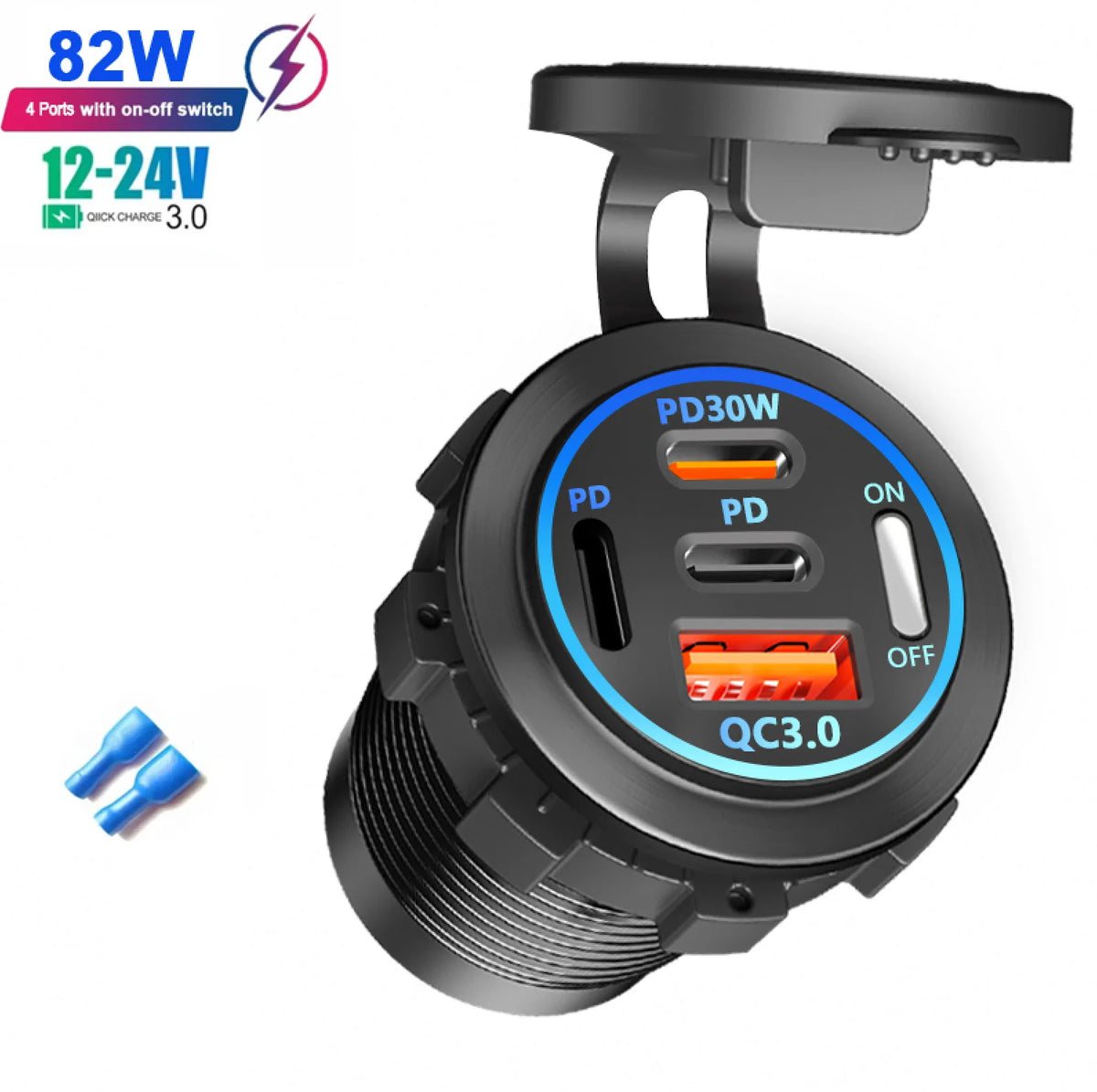 12V/24V Multi-Port USB Car Charger — PD/QC Fast Charging Socket with Voltmeter & On/Off Switch