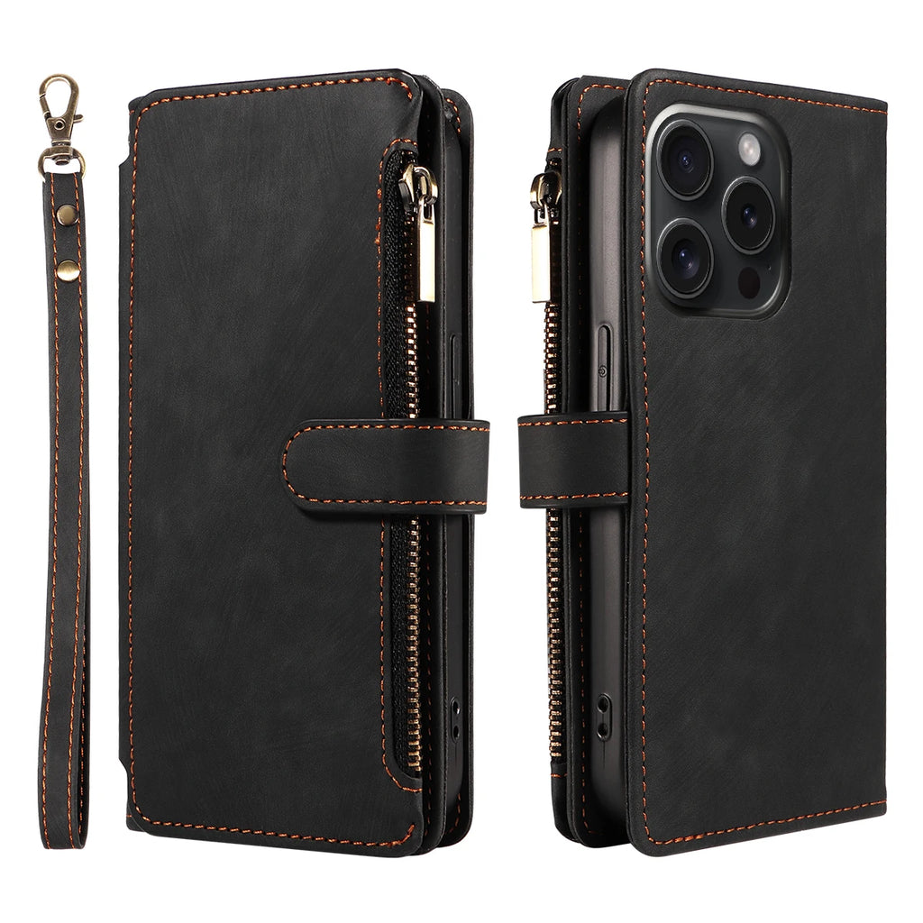 Magnetic Leather Flip Wallet Case for iPhone 11-17 Series (Pro, Pro Max, Plus, Air)