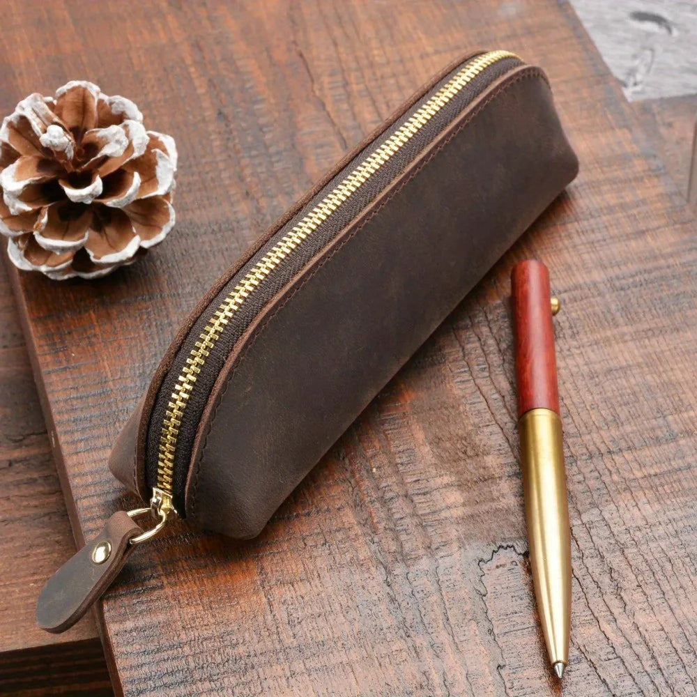 Vintage Leather-Style Pencil Case, Zipper Pen Pouch and Glasses Holder, Rustic Stationery Organizer Bag for School, Office and Journaling