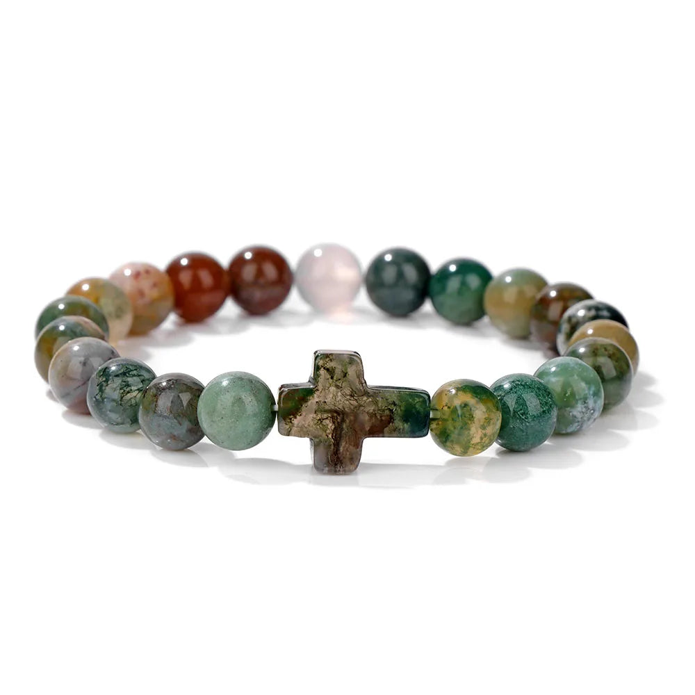 Natural Stone Cross Beaded Bracelet — Crystal Healing Prayer Jewelry
