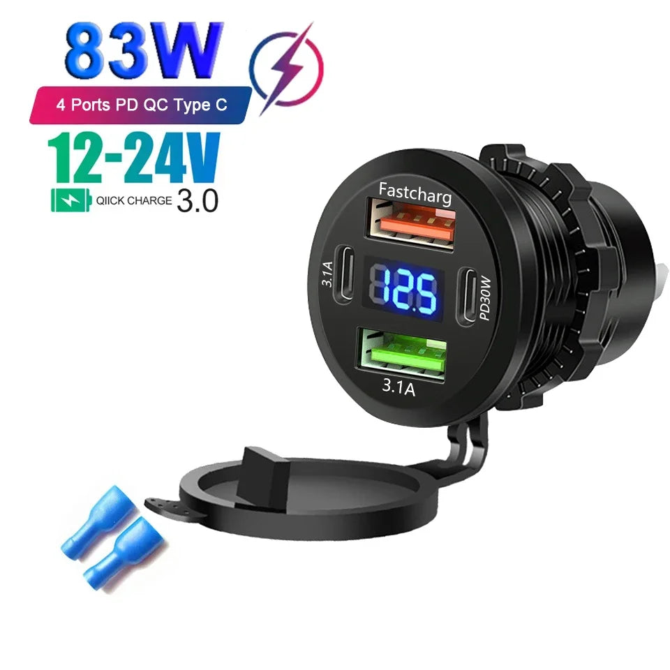 12V/24V Multi-Port USB Car Charger — PD/QC Fast Charging Socket with Voltmeter & On/Off Switch