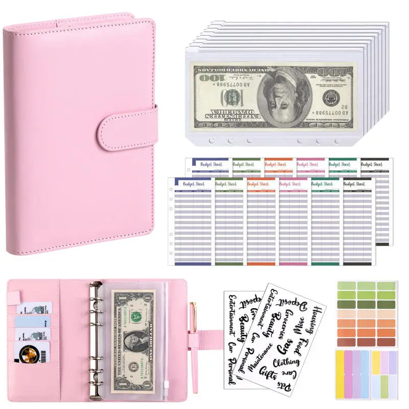 A6 PU Leather Budget Binder — Cash Envelope Savings System with Binder Pockets