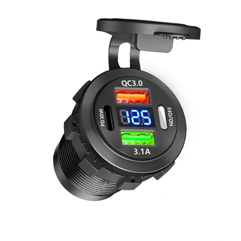 12V/24V Multi-Port USB Car Charger — PD/QC Fast Charging Socket with Voltmeter & On/Off Switch