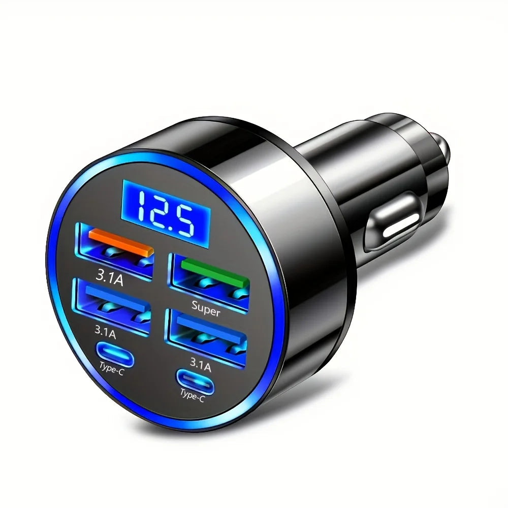 6-in-1 Car USB Charger Adapter — 3.1A Multi-Port with Digital Display