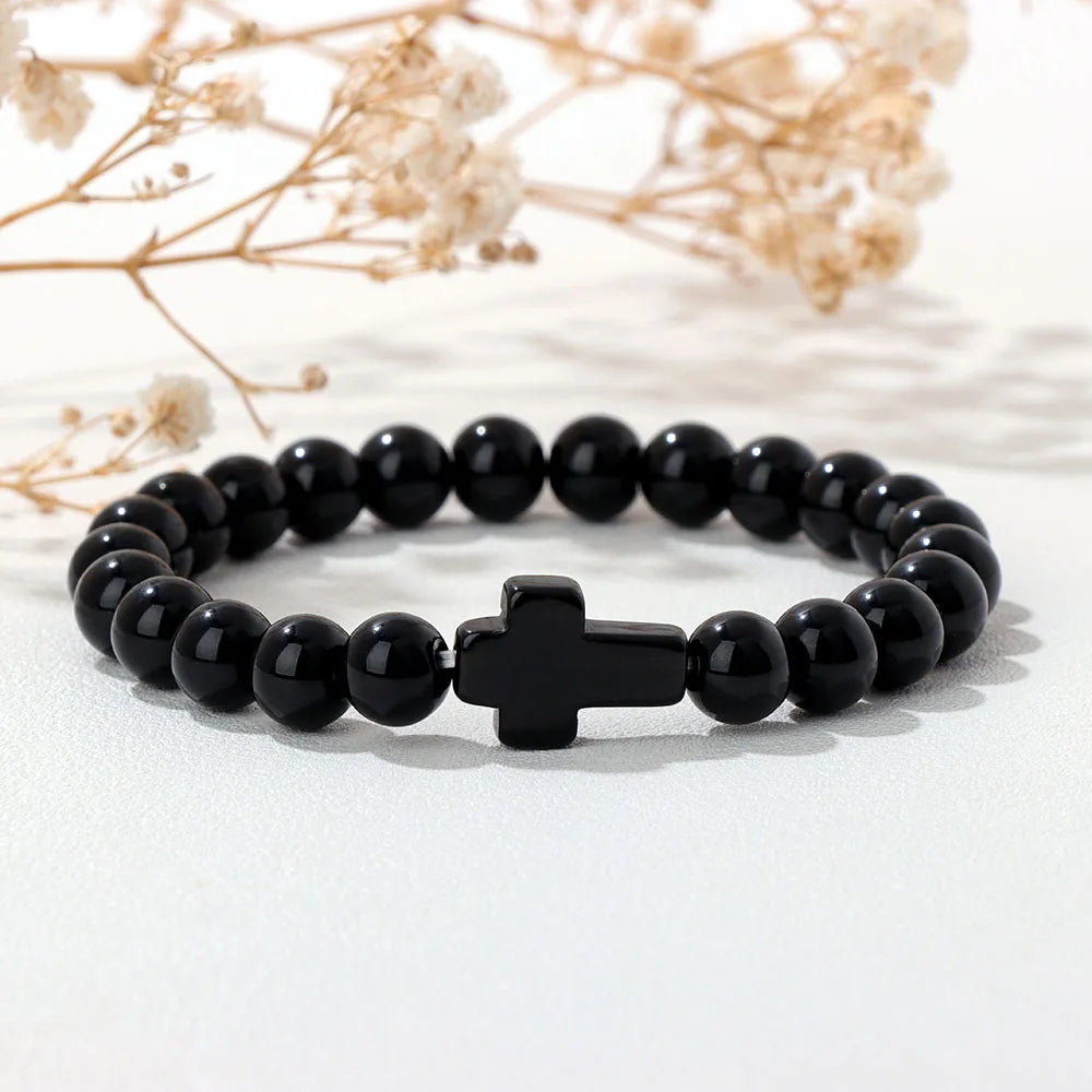 Natural Stone Cross Beaded Bracelet — Crystal Healing Prayer Jewelry