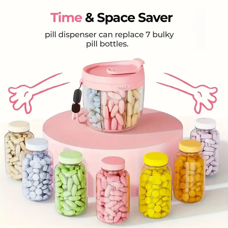 Portable 7 Compartment Pill Organizer and Vitamin Supplement Case with Keychain for Travel and Daily Use
