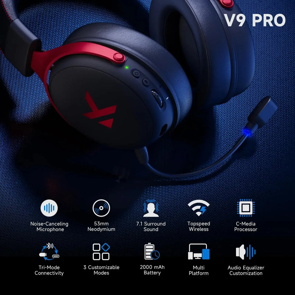 V9 Pro Wireless Gaming Headset 7.1 Surround Sound Headphones Noise Canceling Mic Low Latency Lightweight for PS5 PC SWITCH