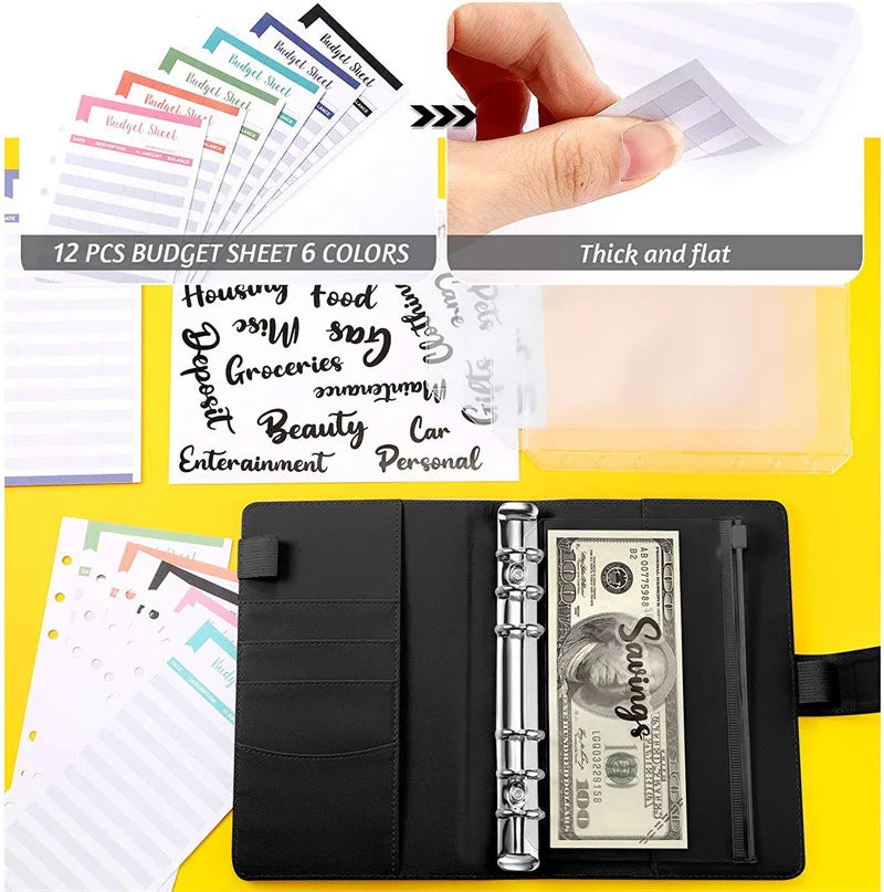 A6 PU Leather Budget Binder Notebook Cash Envelopes System Set Bill Organizer