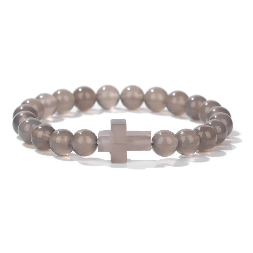 Natural Stone Cross Beaded Bracelet — Crystal Healing Prayer Jewelry