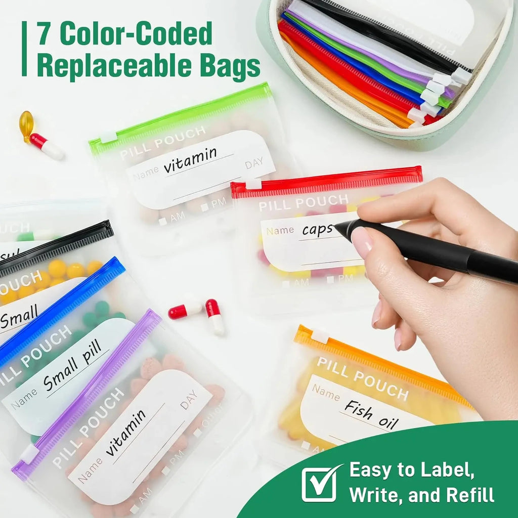 Weekly Pill Organizer Case with 14 Color-Coded Pouches, AM PM Twice-Daily 7-Day Travel Pill Box