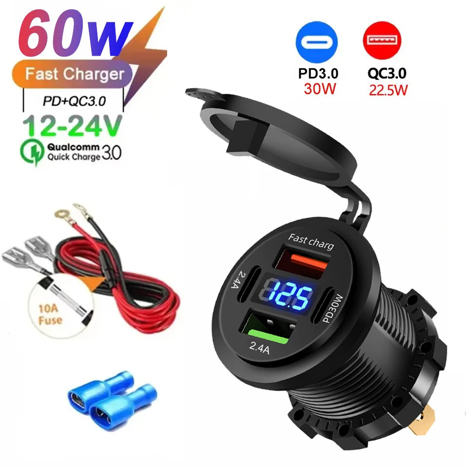 12V/24V Multi-Port USB Car Charger — PD/QC Fast Charging Socket with Voltmeter & On/Off Switch