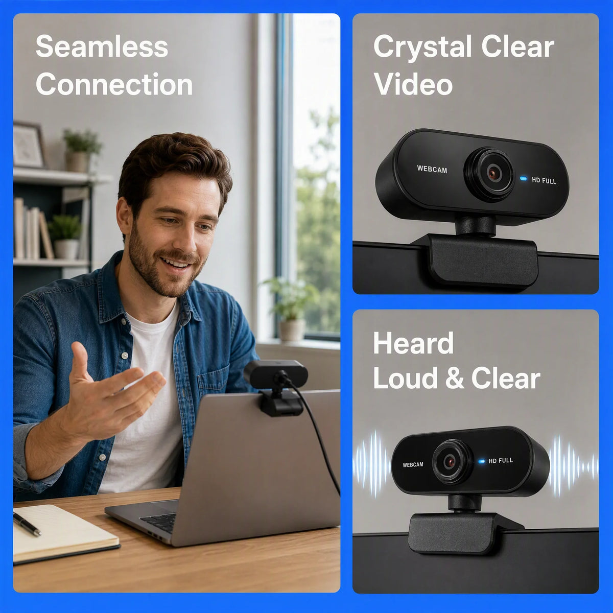 USB Webcam with Microphone — 360° Rotatable HD Camera for Laptop, Desktop & Video Calls