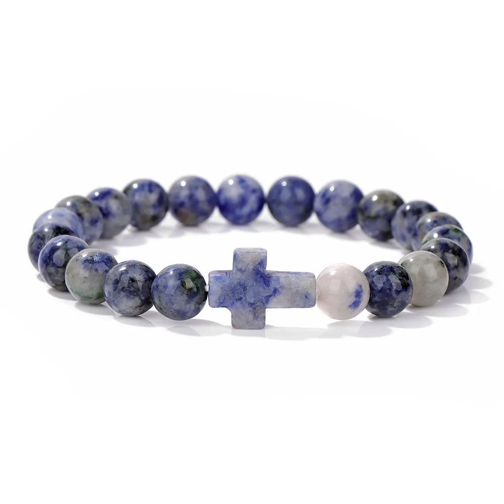Natural Stone Cross Beaded Bracelet — Crystal Healing Prayer Jewelry