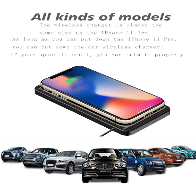 15W Wireless Car Charger Pad — Non-Slip Qi Fast Charging for iPhone & Android