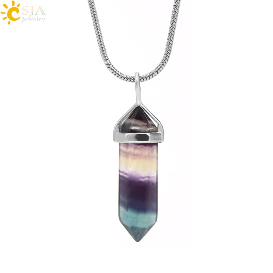 Natural Fluorite Crystal Hexagonal Point Pendant Necklace — Reiki Healing"
