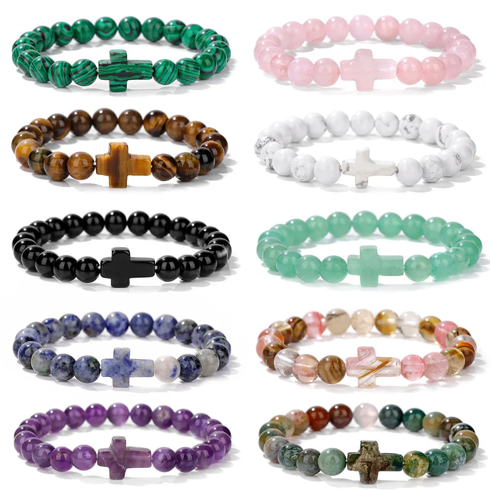 Natural Stone Cross Beaded Bracelet — Crystal Healing Prayer Jewelry