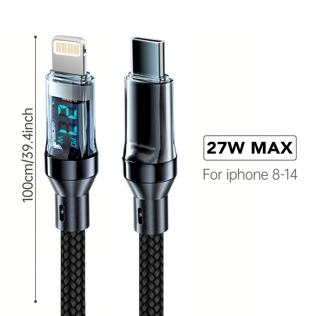 27W PD Fast-Charging Lightning Cable with LCD Display — USB-A/USB-C, 1m & 2m