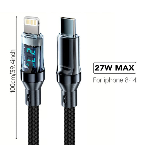 27W PD Fast-Charging Lightning Cable with LCD Display — USB-A/USB-C, 1m & 2m