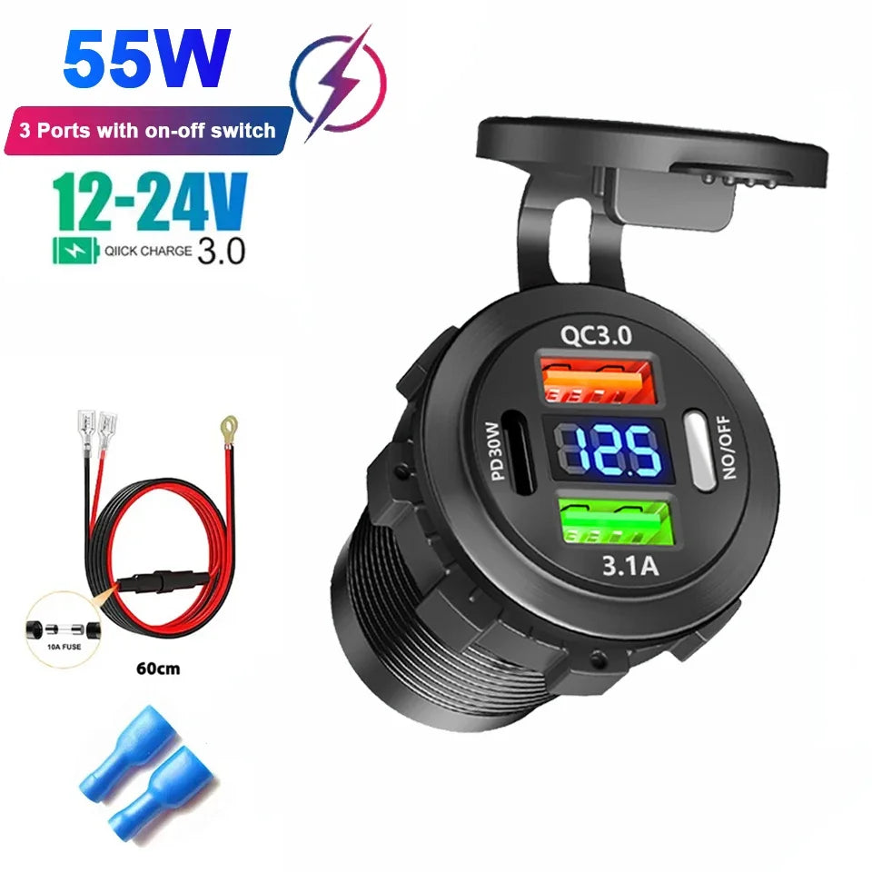 12V/24V Multi-Port USB Car Charger — PD/QC Fast Charging Socket with Voltmeter & On/Off Switch