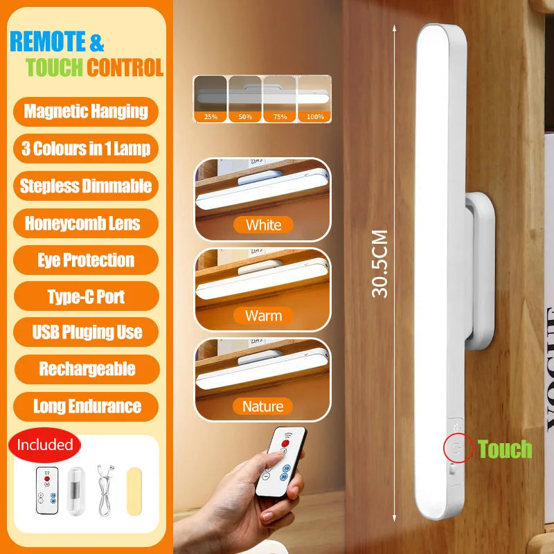 Rechargeable Magnetic LED Light Bar — 3-Color Night Light with Remote, USB