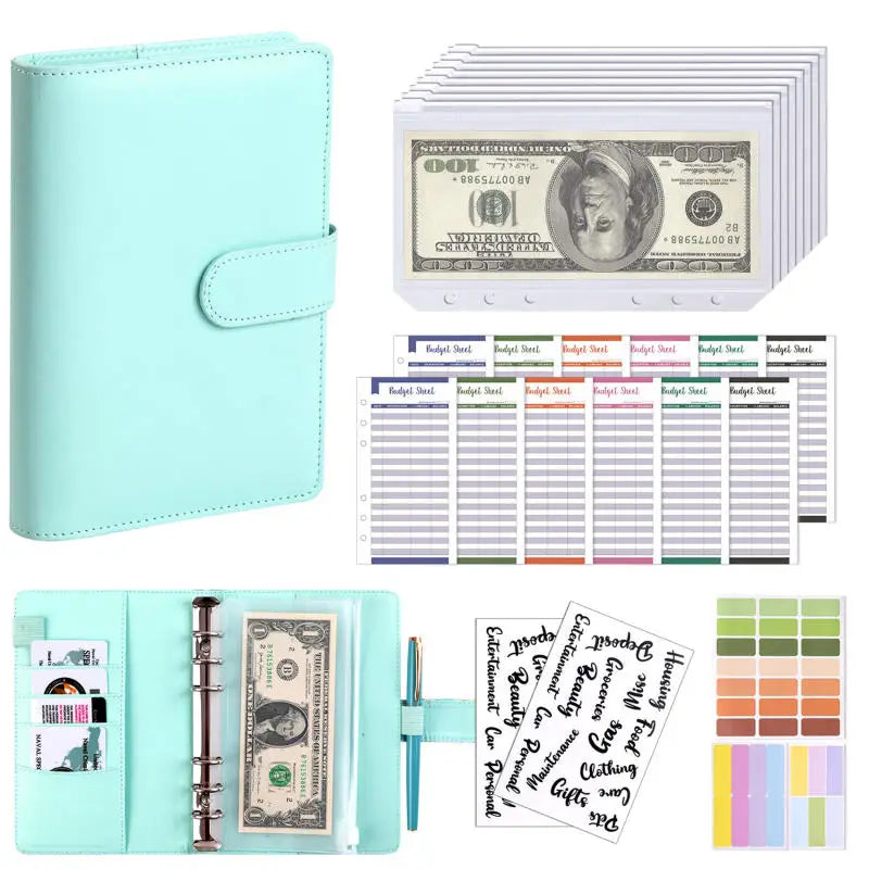 A6 PU Leather Budget Binder — Cash Envelope Savings System with Binder Pockets