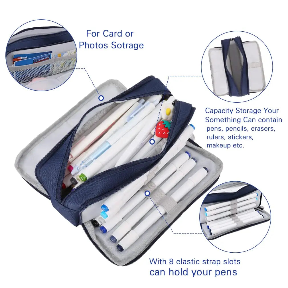 Large Capacity 3-Compartment Pencil Case & Desk Organizer Pouch