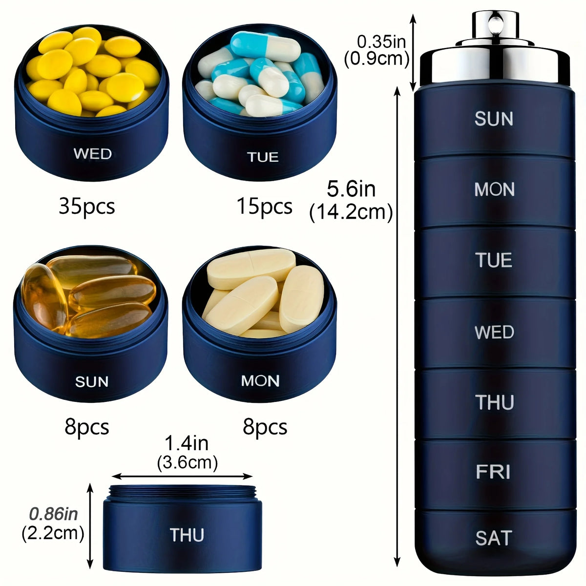 7 Day Metal Pill Organizer, Stackable Aluminum Weekly Pill Box with Keychain, Portable Travel Pill Case for Vitamins and Supplements