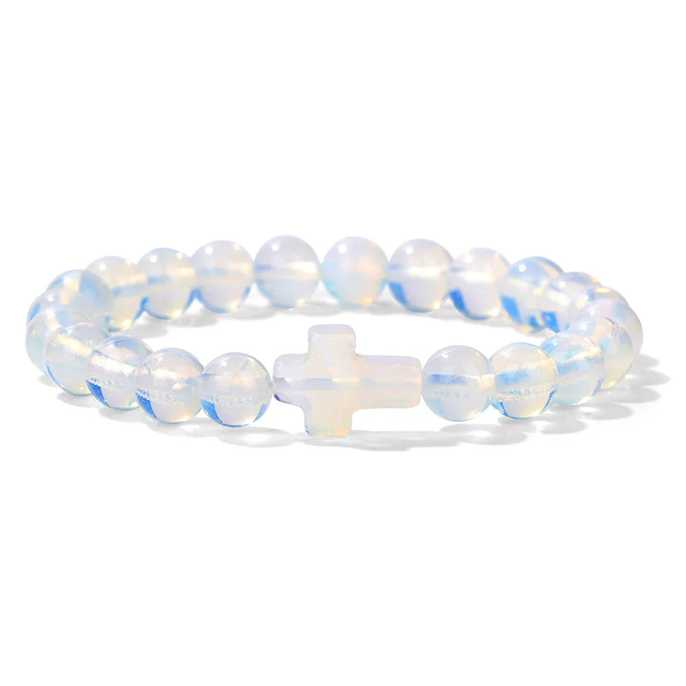 Natural Stone Cross Beaded Bracelet — Crystal Healing Prayer Jewelry