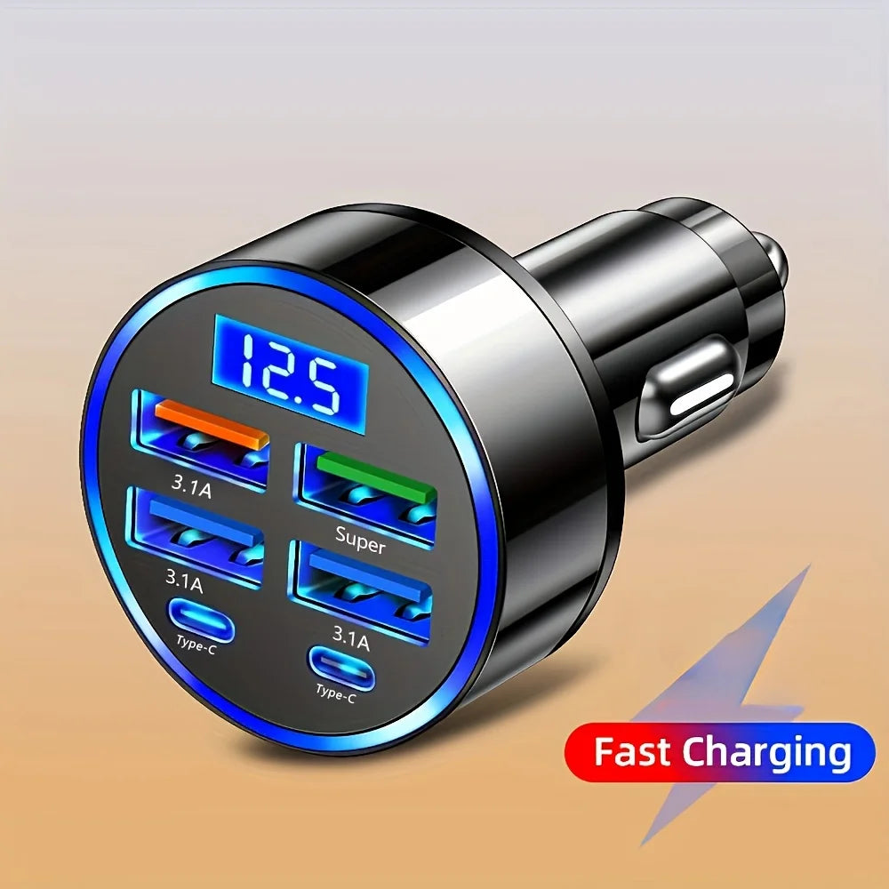 6-in-1 Car USB Charger Adapter — 3.1A Multi-Port with Digital Display