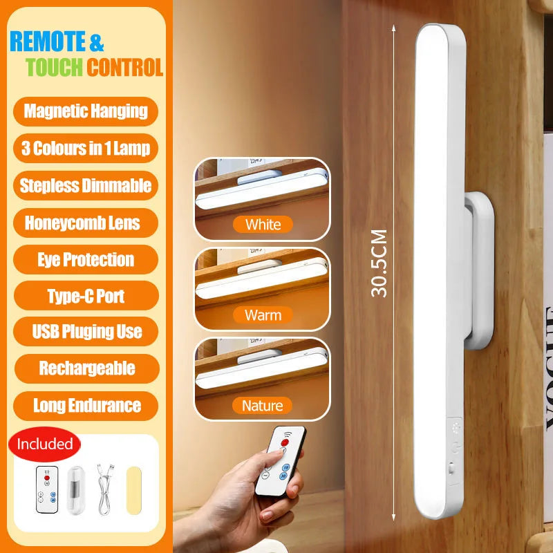 Rechargeable Magnetic LED Light Bar — 3-Color Night Light with Remote, USB