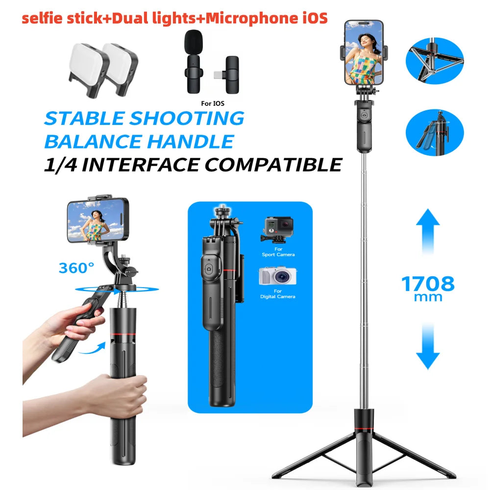 Selfie Stick Tripod with Fill Light and Bluetooth Remote, 67 Inch Extendable Phone Monopod Stand with 360° Rotation for Vlogging and Live Streaming