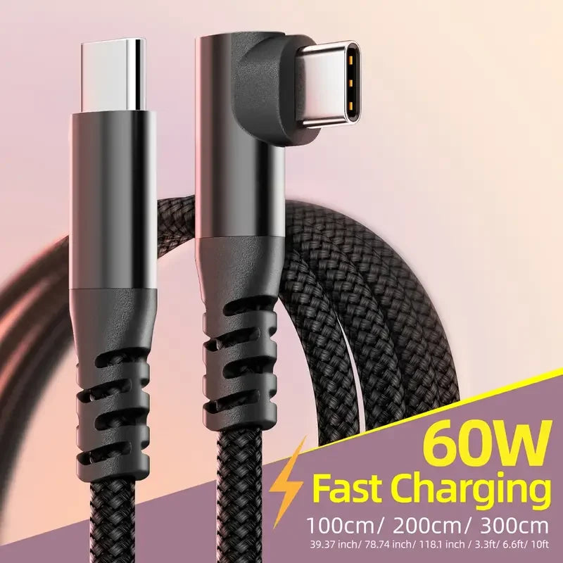 60W USB-C to USB-C Fast-Charging Cable — Braided Data & Charging Cord, 1m–3m
