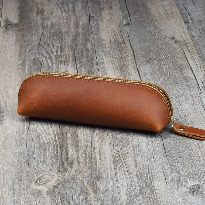 Vintage Leather-Style Pencil Case, Zipper Pen Pouch and Glasses Holder, Rustic Stationery Organizer Bag for School, Office and Journaling