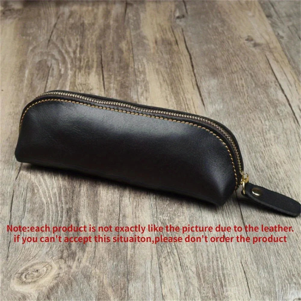 Vintage Leather-Style Pencil Case, Zipper Pen Pouch and Glasses Holder, Rustic Stationery Organizer Bag for School, Office and Journaling